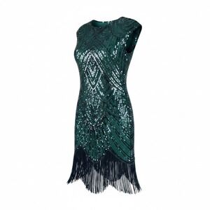 Fundaisy Green Black Sequin Fringe Flapper Dress Art Deco Gatsby Party Large